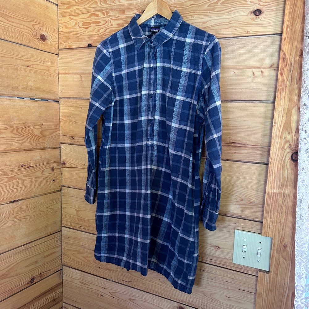 Patagonia Fjord Flannel Shirt Dress Womens Small Blue Plaid Organic Cotton Small - Picture 2 of 8